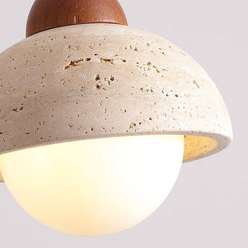 Nordic Travertine & Walnut Pendant Light - Wabi-sabi Bedside Chandelier