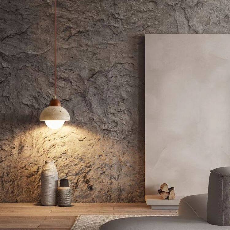 Nordic Travertine & Walnut Pendant Light - Wabi-sabi Bedside Chandelier