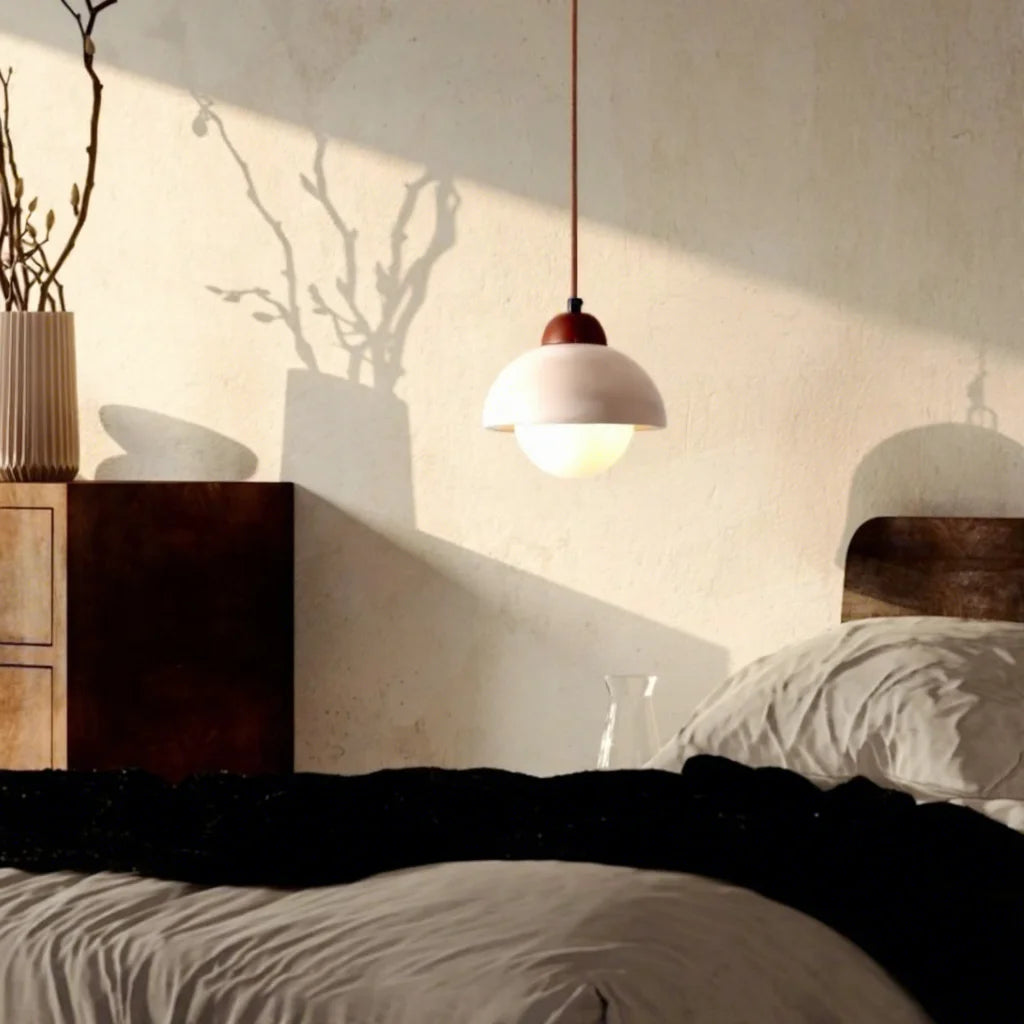 Nordic Travertine & Walnut Pendant Light - Wabi-sabi Bedside Chandelier