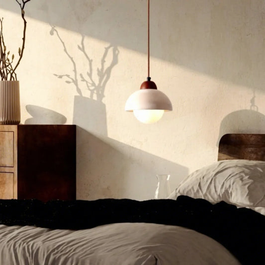 Nordic Travertine & Walnut Pendant Light - Wabi-sabi Bedside Chandelier