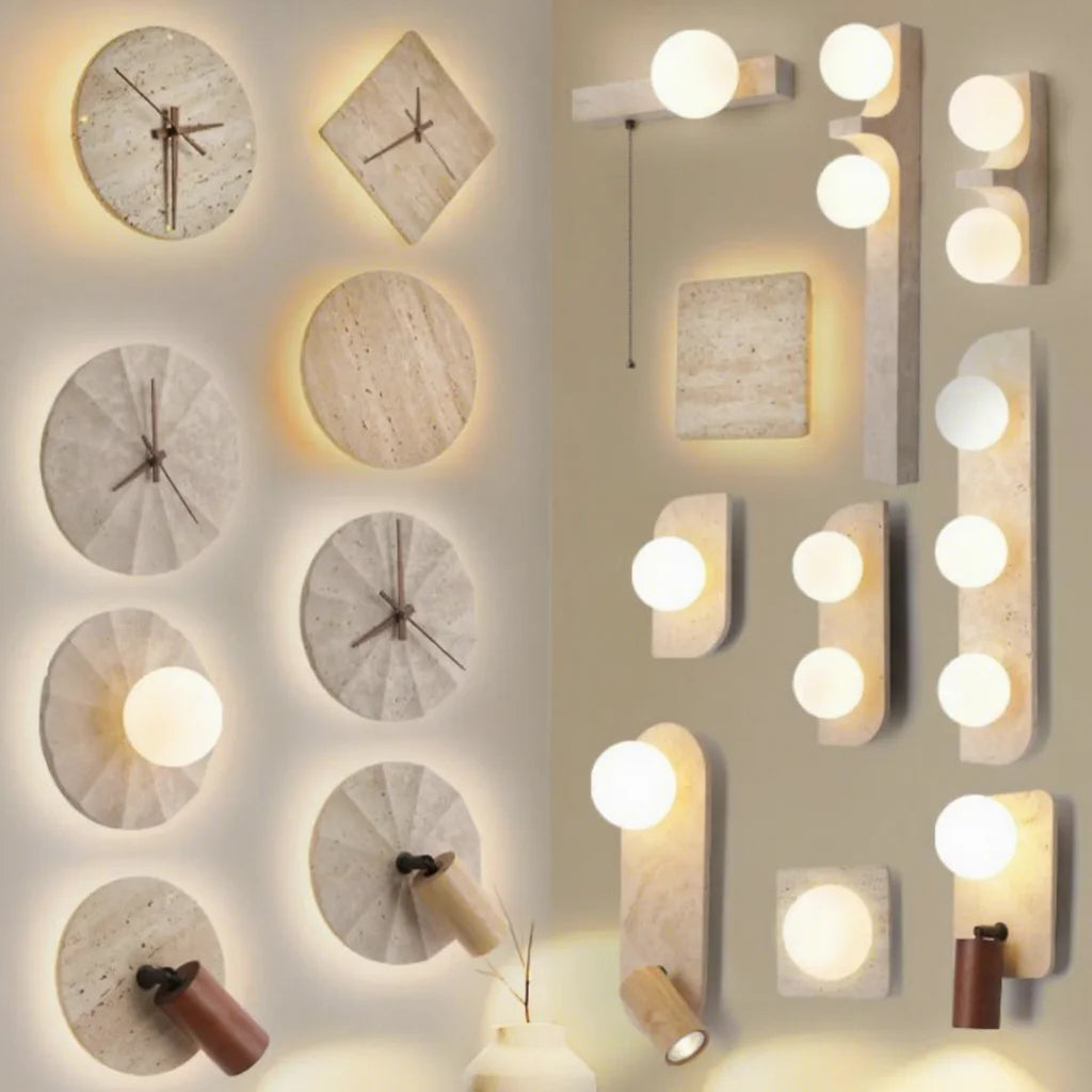 Walnut & Travertine Organic Wall Lamp - Japandi Bedside Sconce