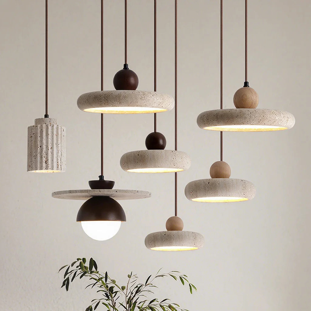 Wabi-sabi Travertine Pendant Light - Natural Stone & Wood Chandelier