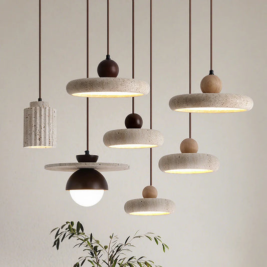 Wabi-sabi Travertine Pendant Light - Natural Stone & Wood Chandelier