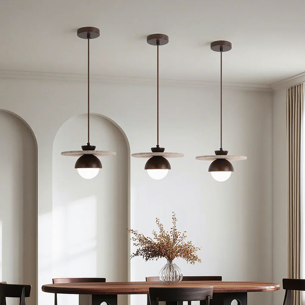Wabi-sabi Travertine Pendant Light - Natural Stone & Wood Chandelier