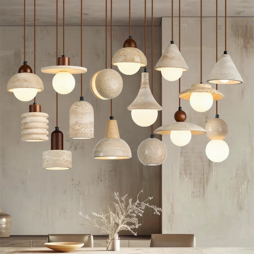 Organic Travertine & Wood Pendant Light - Wabi-sabi Collection