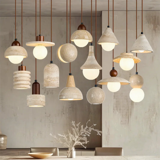 Organic Travertine & Wood Pendant Light - Wabi-sabi Collection