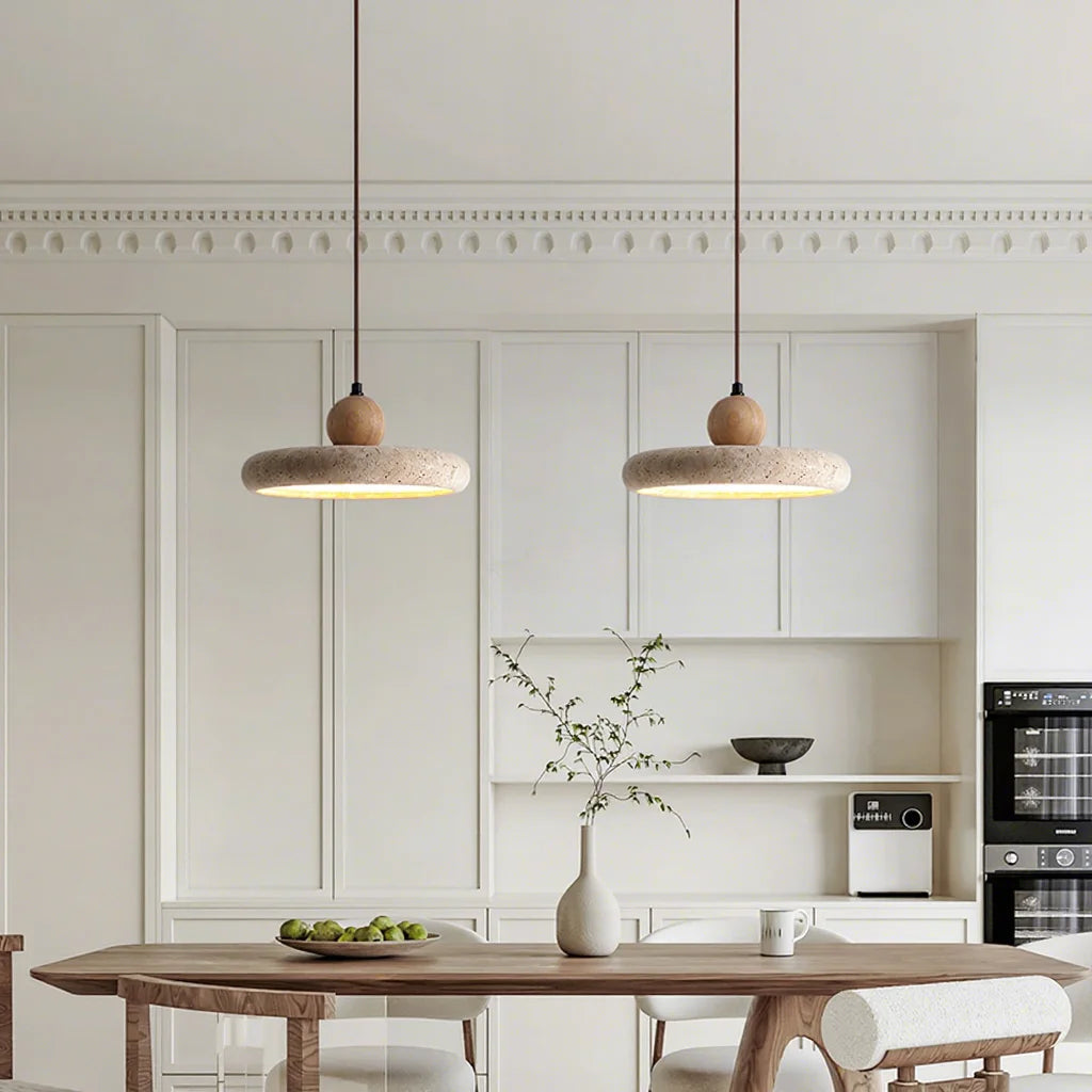 Wabi-sabi Travertine Pendant Light - Natural Stone & Wood Chandelier