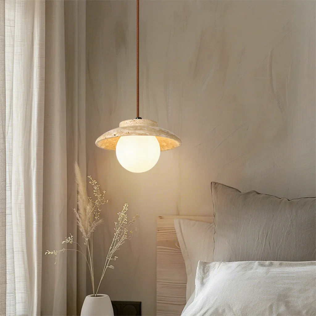 Organic Travertine & Wood Pendant Light - Wabi-sabi Collection