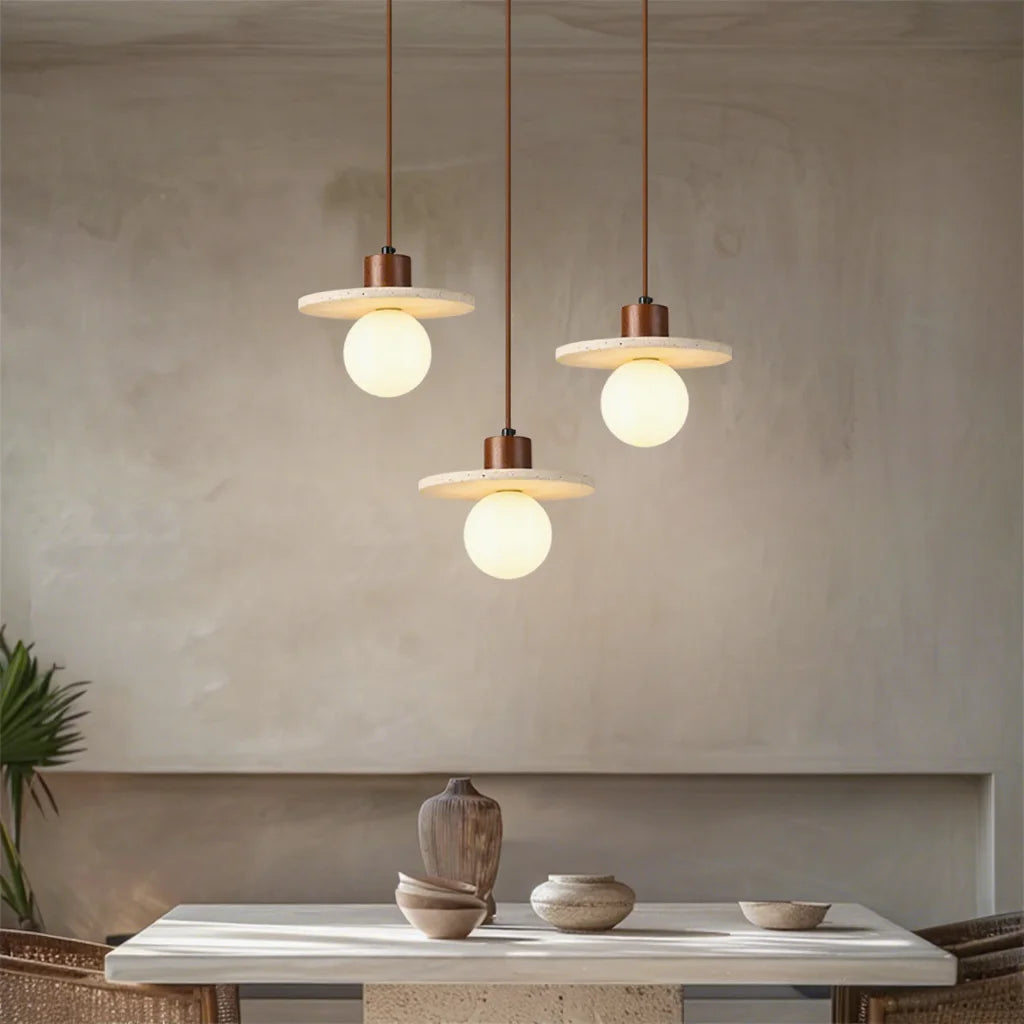 Organic Travertine & Wood Pendant Light - Wabi-sabi Collection
