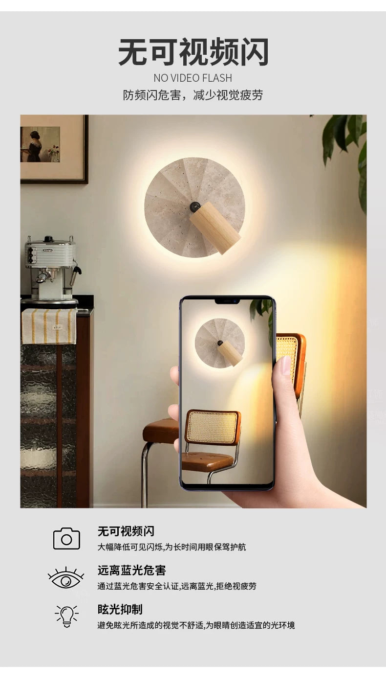 Walnut & Travertine Organic Wall Lamp - Japandi Bedside Sconce