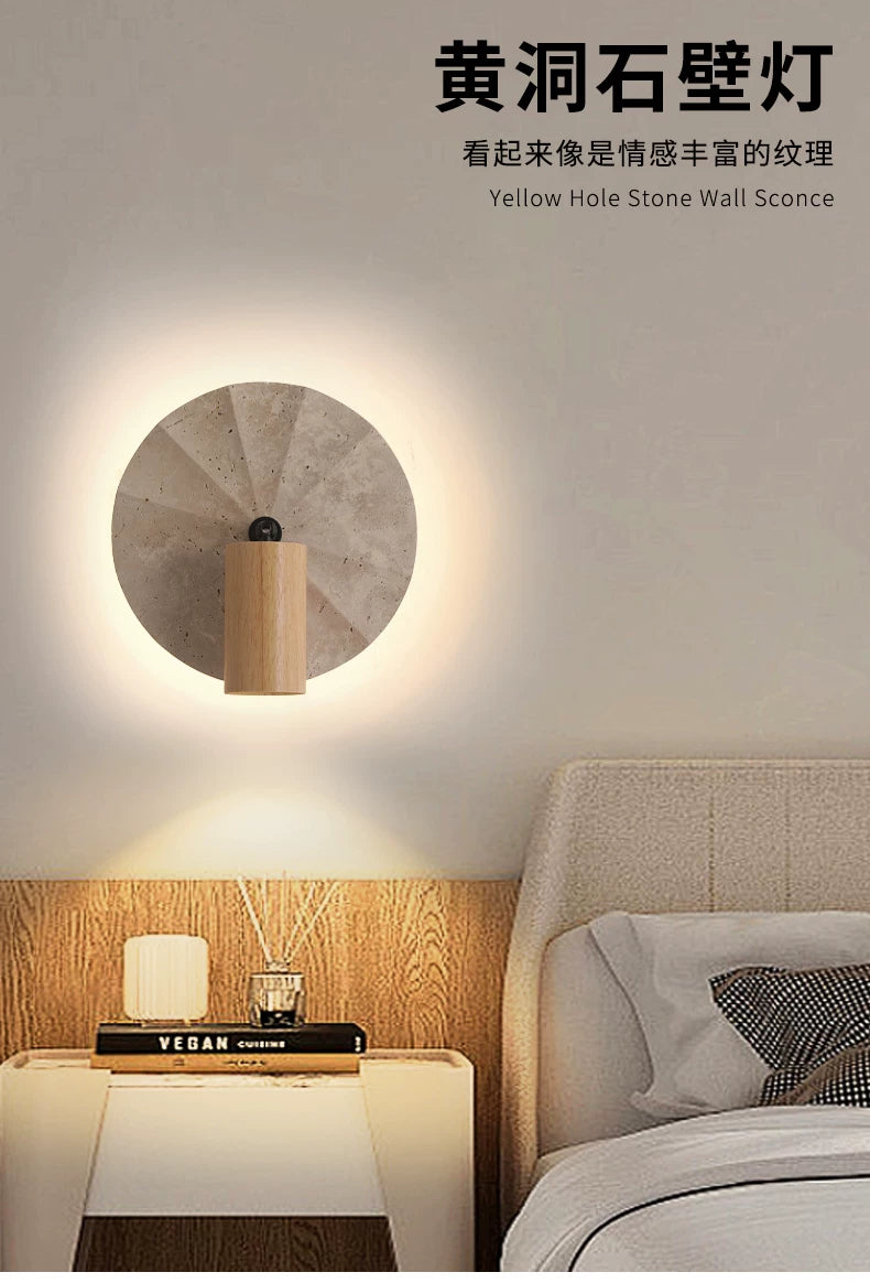 Walnut & Travertine Organic Wall Lamp - Japandi Bedside Sconce