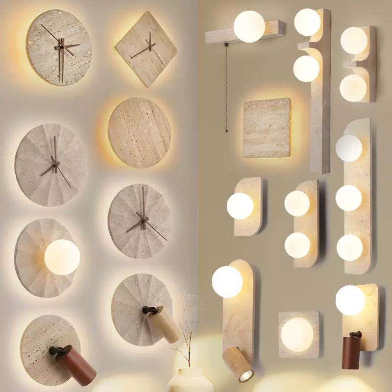 Walnut & Travertine Organic Wall Lamp - Japandi Bedside Sconce